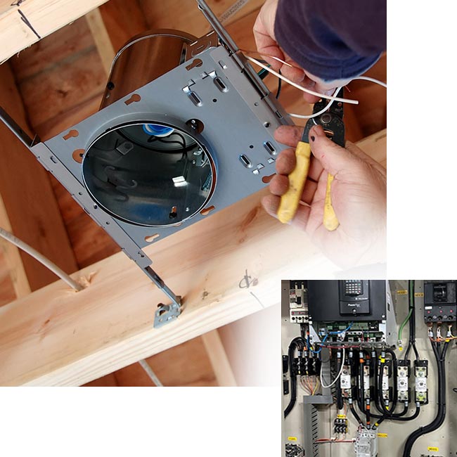 Certified Wisconsin residential electrician installs a can light on new construction alongside an industrial electric breaker box serviced by E-Con Electric