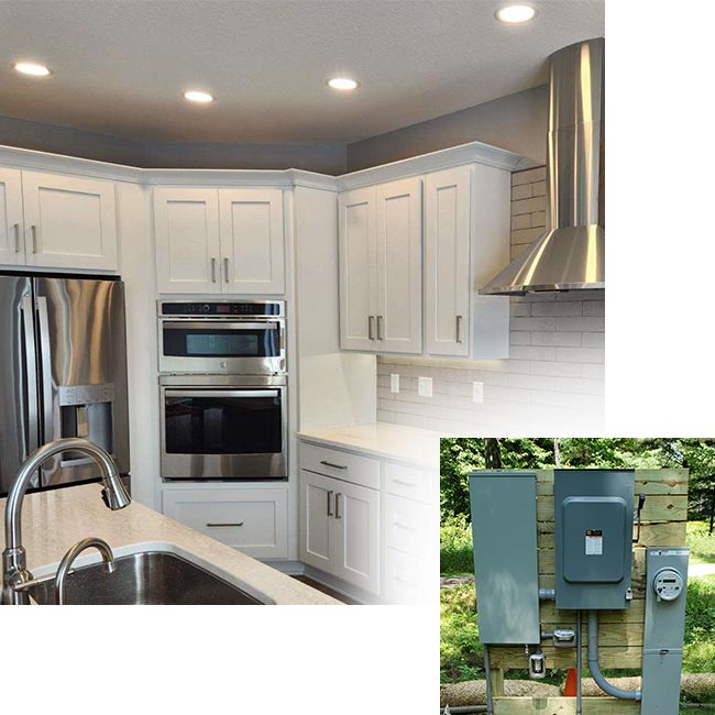 Interior of newly remodeled kitchen with lighting and outlets alongside exterior example of outdoor electrical panels installed by E-Con Electric