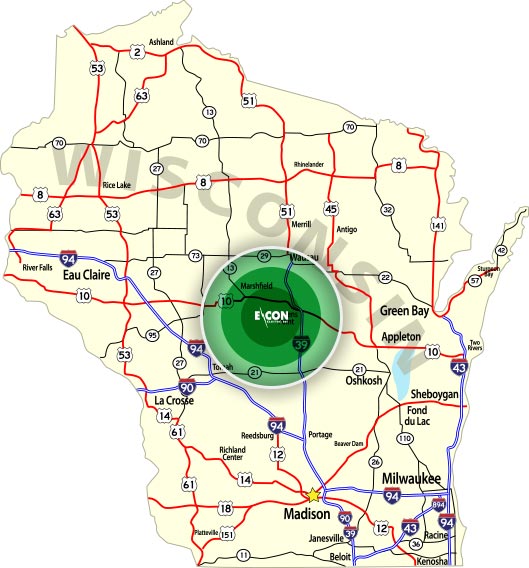 Map that illustrates the service area of E-Con Electric within a 40 mile radius of Wisconsin Rapids, WI